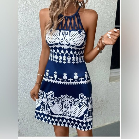 Blue Boho Argyle Print Cut Out Halter Neck Dress - Picture 4 of 6